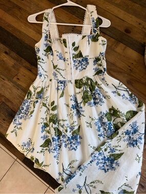 Reformation Floral Square-Neck Midi Dress in White and Blue